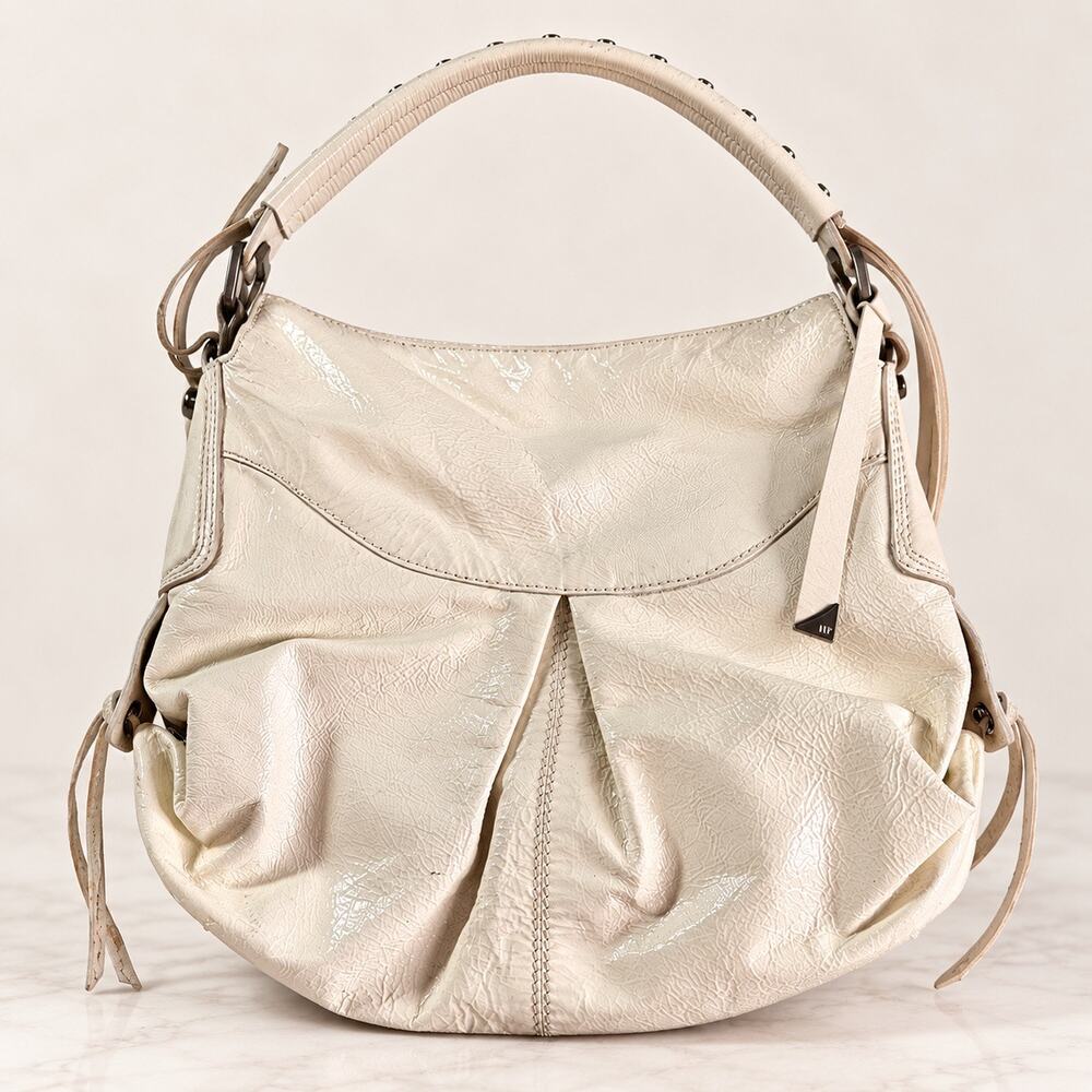 Francesco Biasia Cream Patent Leather Hobo Bag Y2K Lace Up Handle Italy